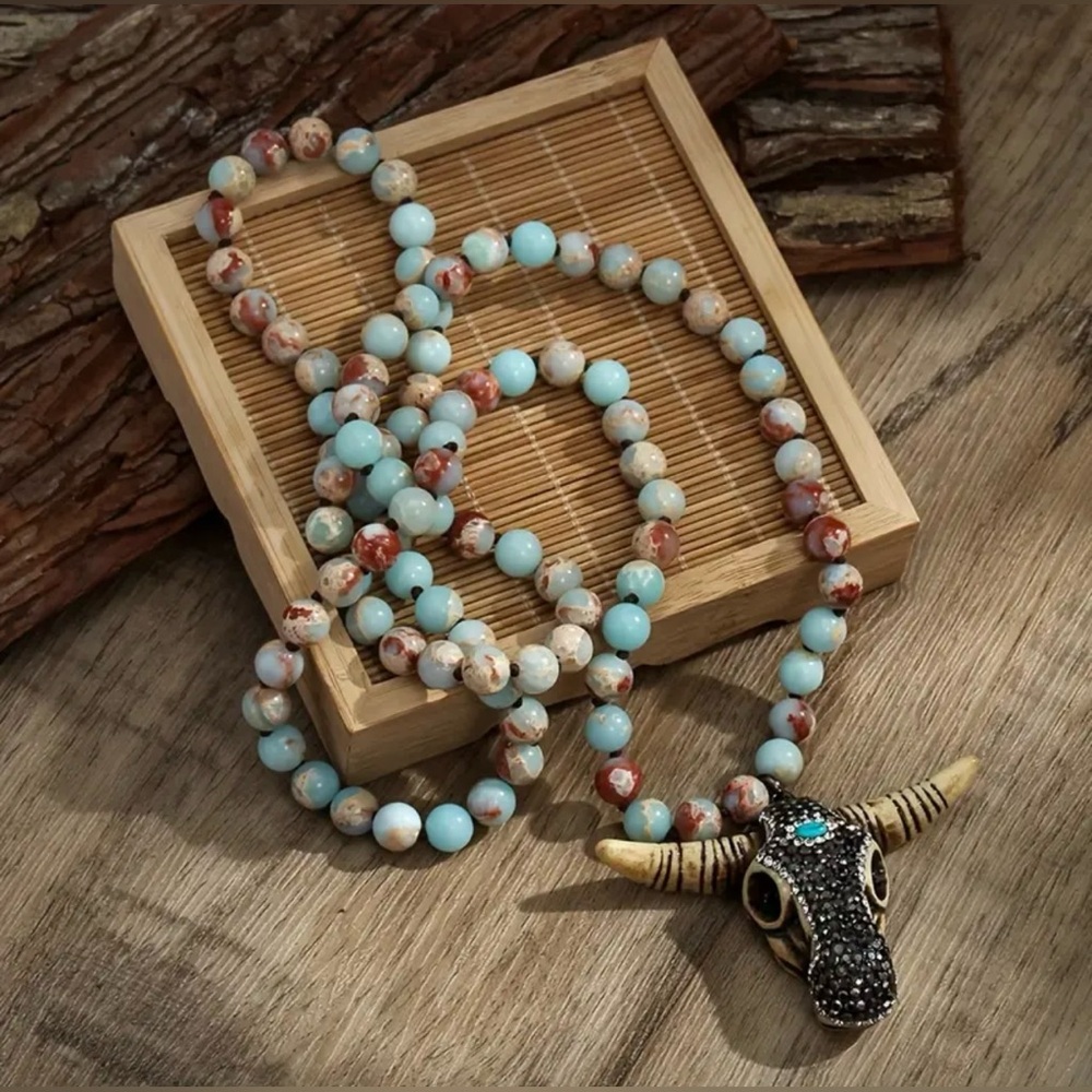 8mm Natural Imperial Jasper Stone Beads, Pendant Features Bling Oxen Head 🐂